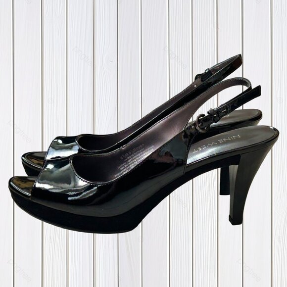 NINE WEST NW7 Karoo Black Patent Platform Slingbacks (Size 6.5 M) NWOT - Picture 1 of 6